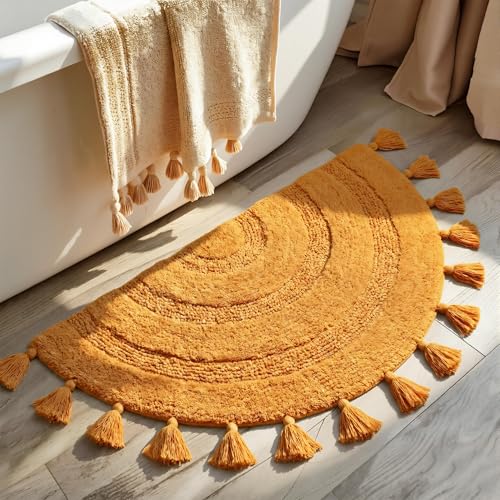 KOEXM Half Circle Boho Bathroom Rugs with Tassels 100% Cotton Hand-Woven Bath Rugs Non Slip Absorbent Crochet Rugs Machine Washable Boho Bath Mats for Bathroom Floor Tub