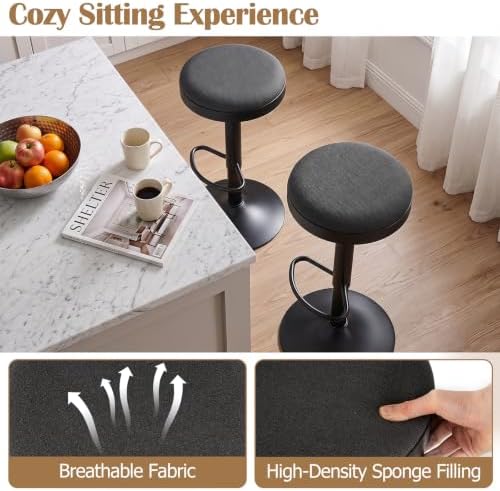 COSTWAY Bar Stools Set of 2, Barstools w/Height Adjustment,Black-Fabric - 5