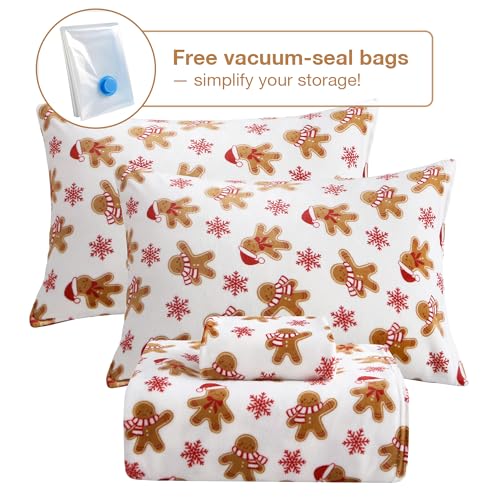 Viviland Christmas Holiday Plush Fleece Full Bed Sheets, Flannel-Like Polar Fleece Velvet Fitted Sheets with 15" Deep Pocket, Warm Winter Printed Sheets Set - Gingerbread and Snowflake Pattern by Viviland - Image 6
