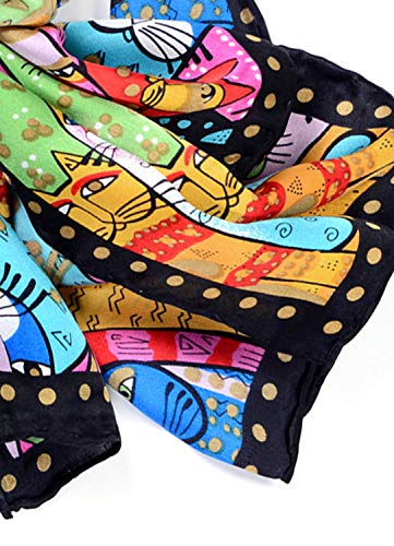 Salutto Women 100% Silk Scarves Black Cartoon Cat Head Printed Scarf #TOP3