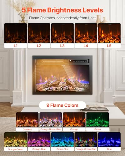 Image of VEVOR Electric Fireplace Insert, 26 inch Recessed and Wall Mounted with Adjustable Flame Color Brightness & 8h Timer & Remote Control, Indoor Heater w / 750W /1500W Dual Heating Modes, 5000BTU Black