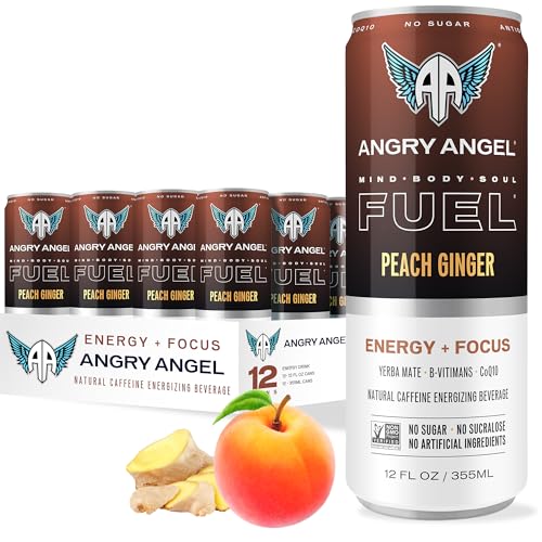 Angry Angel Peach Ginger Natural Energy + Focus Drink (12 count) - Zero Sugar - Natural Caffeine from Yerba Mate - CoQ10 - B Vitamins - 12 oz Cans