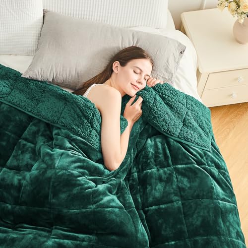Cottonblue Sherpa Fleece Weighted Blanket 15lbs for Twin/Full Ded - Plush Bed Blanket for Deep Sleep and Relaxation, Heavy Calm Blankets with Cemaric Beads, 48x72 Inches,Green