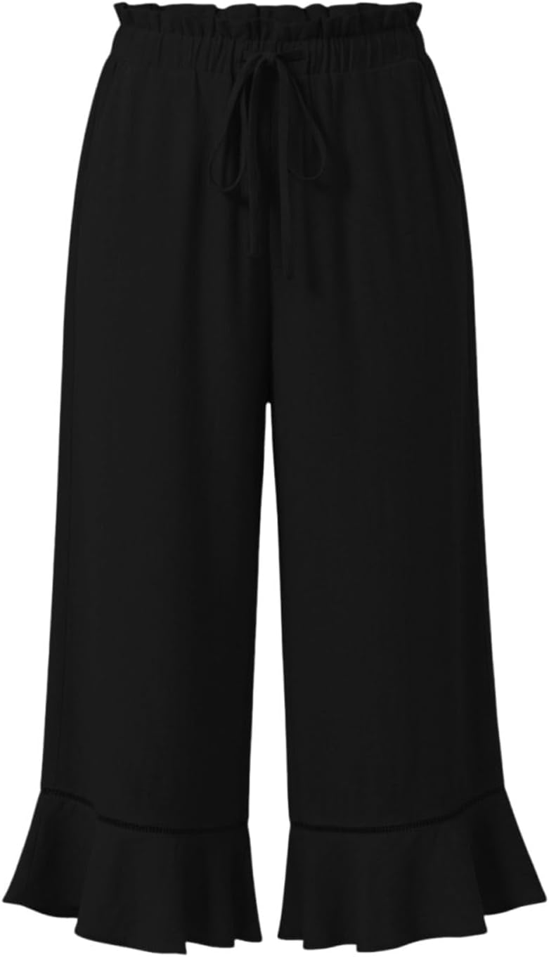 Women's Casual Elastic Waist Cropped Pants with Ruffle Hem Loose Fit Linen Blend Trousers with Pockets