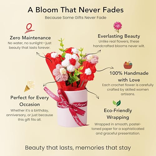 Image of Nostrae by Ekhasa Red Cherry Blossom Crochet Flowers Bouquet (Small Size) | Knitted Flowers For Gifting | Woolen Bouquet Perfect For Crochet Gifts | Handmade Bouquets Gift