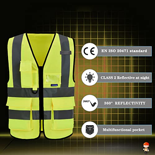 Image of ANSI /ISEA Standard Class 2 Hi-Vis Vest, Mic Tabs, Zip, Yellow, XL | Yellow XL Class 2 safety vest with 7 pockets, black front zipper and reflective strips for surveying; for men and women.