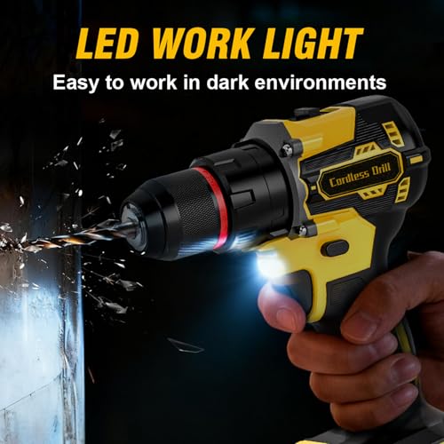 Brushless Cordless Hammer Drill Set, 21V Impact Drill Driver and Screwdriver Set with 2 Batteries, 25+3, 10mm Heave Duty DrillChuck, 2 Speed Power Combi Battery Drill Set with 87 Accessories for DIY - Image 5