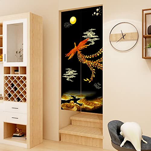 Ligicky Chinese Style Japanese Noren Doorway Curtain Traditional Golden Phoenix Great Wall Full Moon Printed Asian Window Treatment Hanging Door Tapestry For Sushi Kitchen Home Decor 33.5" X 70.9" #TOP1