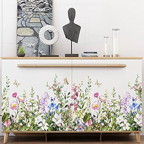 T-YU Green Plants Flower Wall Stickers Purple Green Plants Wall Stickers Removable PVC Fresh Leaves Stick Wall Peel and Stick Wall Murals for Bedroom Living Room Home Decoration Stickers Cover