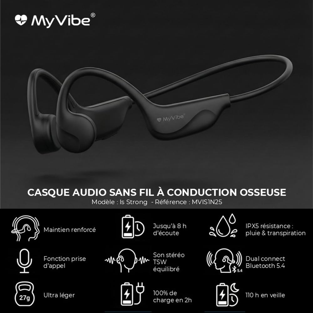 MYVIBE is Strong Casque à Conduction Osseuse Sport - Écouteurs Bluetooth Oreilles Libres, Ultra-Léger 27g, IPX5 Étanche Pluie & Sueur, Autonomie 8h, Arceau Ergonomique, Idéal Running & Fitness