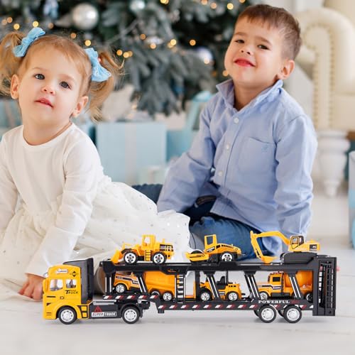 Crelloci 7 in 1 Construction Truck Toys, Die-cast Pull Back Transport Car Carrier, Detachable Metal Car Hauler, Tractor Excavator Play Vehicle Set for Kids Boys 3 4 5 Years Old