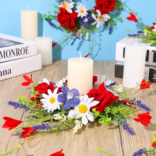 Image of 6 Pcs 4th of July Red White and Blue Candle Rings Wreath 3 Inch Patriotic Candle Rings Mini Wreath American Independence Day Rings Wreaths for Table Window Door Decor