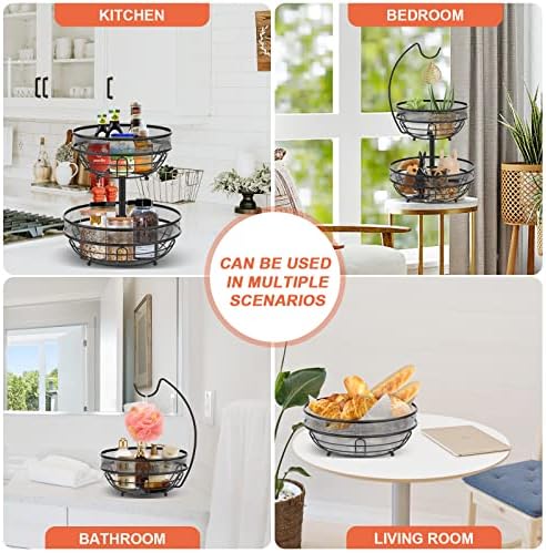 Fruit Basket, 2 Tier Fruit Bowl with Banana Hanger for Kitchen Counter, Metal Detachable Fruit Racks Storage Holder Keeps Fruits and Vegs Fresh (Black)