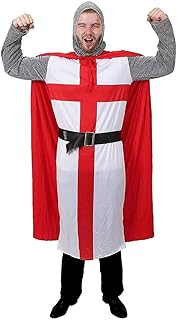 Adults Medieval Crusader Knight - England Flag Tunic, Red Cape, Chainmai...