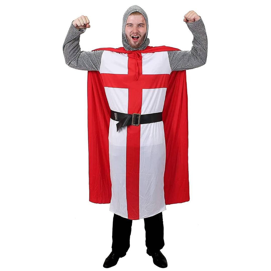 Adults Medieval Crusader Knight - XX-Large - England Flag Tunic, Red Cape, Chainmail-Look Headpiece, Belt - Mens Lionheart King Arthur St Georges Day Fancy Dress Costume