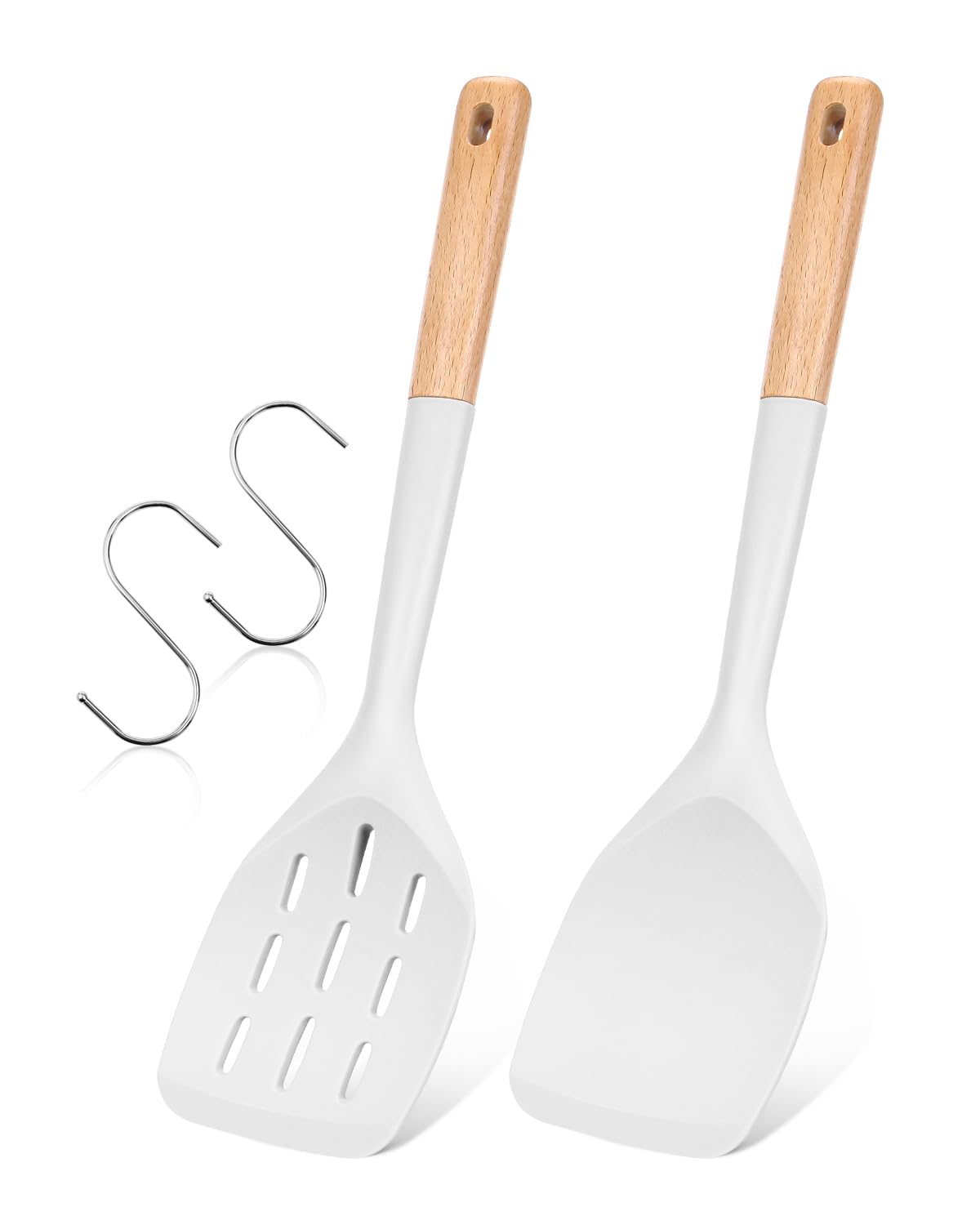 Pack of 2 Silicone Spatula, Non Stick Cooking Utensil Set Wooden Handle Kitchen Turner for Baking Mixing Grilling Serving Food Heat Resistant Non Scratch Hooks Included (White)