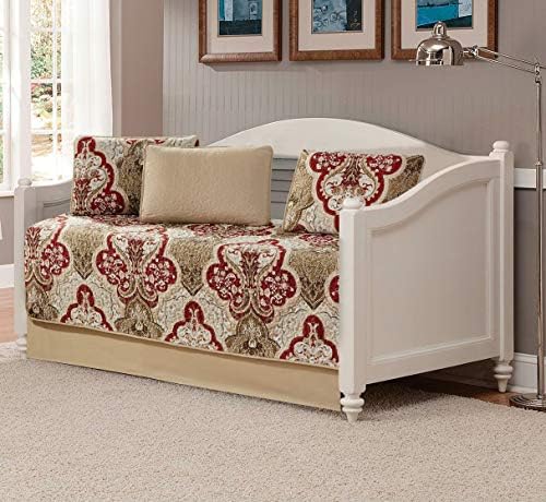 Kids Zone Home Linen 5 Piece Daybed Quilted Bedspread Set Damask Pattern Taupe Burgundy Brown
