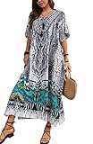 Orshoy Damen Strandkleid Elegante Lange Bikini Cover Ups Strandponcho Druck Lose Kaftan Sommer Maxikleid One Size Coverup Dresses A-Grau grün