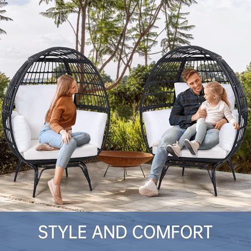 Murago Oversized 360 Swivel Rattan Egg Chair for Adults, Indoor Outdoor Large Wicker Egg Chair, for Patio, Living Room, Balcony, Black Rattan with Beige Overstuffed Cushions