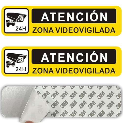 ROUMIO® 2 Piezas carteles videovigilancia autoadhesivas de aluminio - 5 x 20 cm - Cartel zona videovigilada - Patrones llamativos - Robustos y duraderos (Señal Alarma)