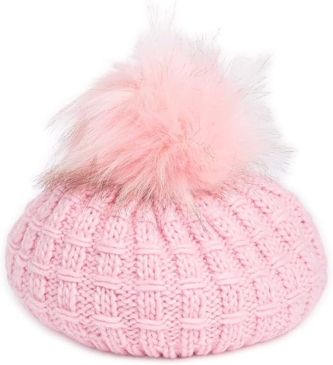 Women's Faux Fur Pompom Knit Beret Beanie One Size
