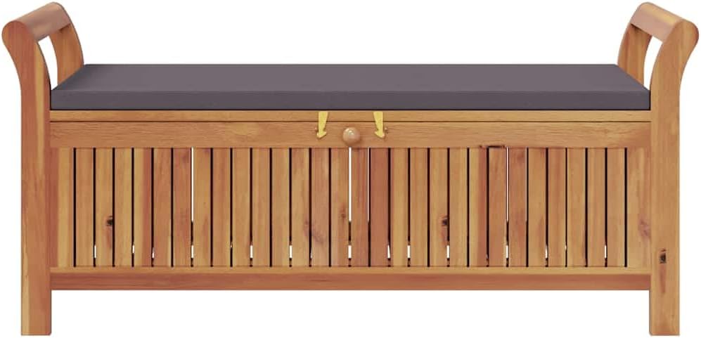 Solid Acacia Wood Garden Storage Bench with Polyester Cushion, Outdoor Patio Seat with Hidden Storage and Oiled Finish, Brown