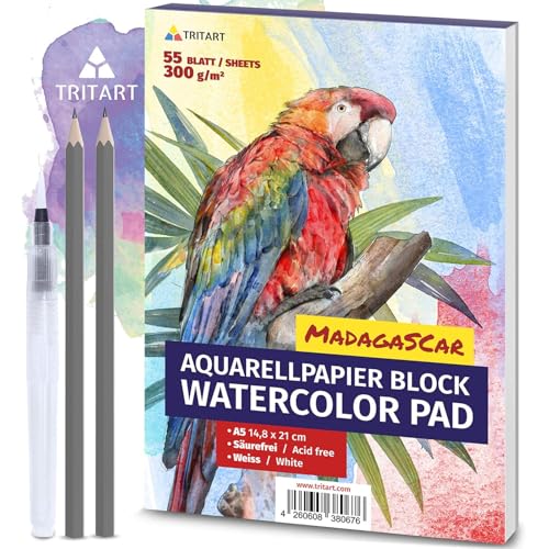 Tritart 55 Blatt Aquarellpapier A5 300g Set - Aquarellblock Din A5 - Aquarell Papier in Weiß - Malpapier inkl. Water Brush Wassertankpinsel und 2 Bleistifte