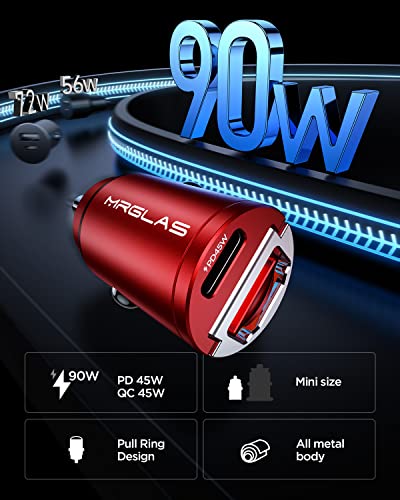 Image of MRGLAS 90W USB C Car Charger Fast Charge, PD45W & QC45W, Flush Fit, Extra 3.3ft Type C Cable, All Metal, Cigarette Lighter USB Charger for iPhone 16 15 Pro Samsung S25 S24 S23 Ultra Pixel 8 /8Pro /7-Red