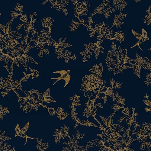 HueBurst Peel and Stick Wallpaper 17.3"x400" Navy Gold Birds Floral Wallpaper Dark Blue Vintage Wall Paper Removable Boho Self Adhesive Contact Paper for Bedroom Bathroom Vinyl by HueBurst - Used condition - Image 4