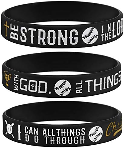Sainstone Power of Faith Baseball Bible Verse Silicone Wristbands with Christian Inspirational Sayings, Set 3 of Scriptures Motivational Rubber Bracelets Sports Gifts1 (Black Golden)