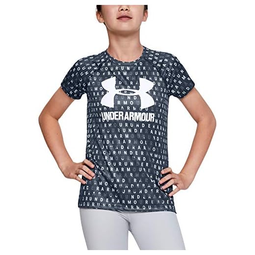 Under Armour Girls' Big Logo Tee novelty short sleeve, Downpour Gray//White, Youth Small