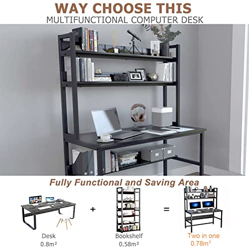 Aquzee Computer Desk With Hutch And Bookshelf, 47 Inches Black Home Office Desk With Space Saving Design, Metal Legs Table Desk With Upper Storage Shelves For Study Writing/Workstation, Easy Assemble #TOP5
