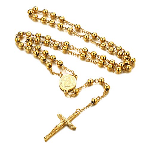 FaithHeart San Cristóbal Collar Rosario Acero Inoxidable Dorado de Regalo Cristiano Crucifijo Jesús Joyería Religiosa con Cadena Bolitas