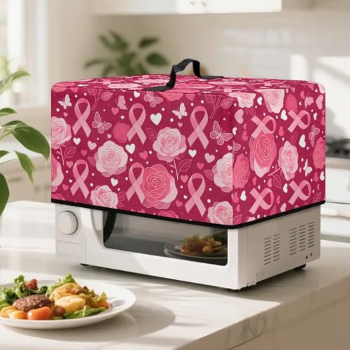 Image of Microwave Cover for Breast Cancer Awareness, Small Electrical Appliance Protector Kitchen Decor, S, 18.25 x 14.5 x 11 Inches, Pink Ribbon Rose Butterfly Heart-Shaped