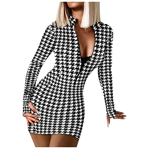 Foviguo Women Sexy V Neck Dresses Zip Front Elegant Long Sleeve Stretchy Bodycon Printed Business Mini Dress Black #TOP3