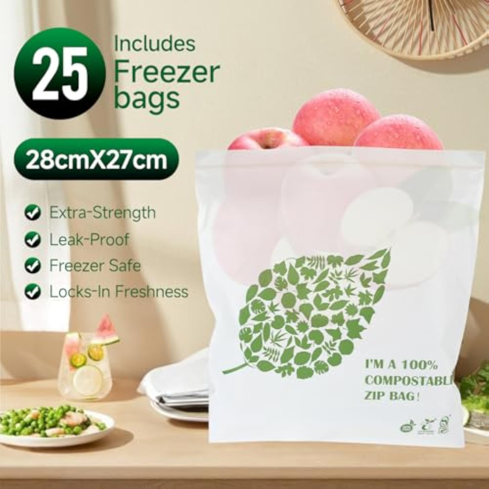 Compostable Gallon Size Food Storage Bags, 25 Eco Zip Seal