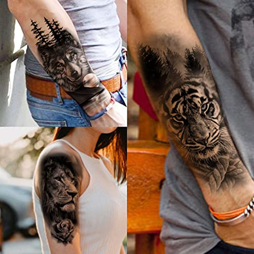 COKTAK 64 Sheets Large Black Arm Temporary Tattoos For Men Forearm Women Thigh, Half Sleeve Animals Lion Tiger Wolf Temp Tattoo Stickers Adults, Death Skull Compass Flower Fake Tattoos That Look Real - Thumbnail 2
