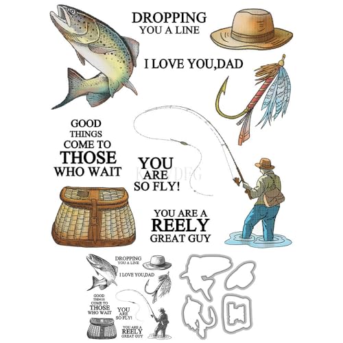 Fishhook Fishing Rod Fish Clear Stamps and Die Cuts Sets for Handmade Card Making Metal Cutting Dies Stencils Scrapbook Kit Embossing Supplies 2024-2025 Seals Template