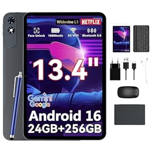 TABWEE T60 Pro Tablet 13, 4 Zoll Android 15 Tablet, 120Hz Display, 24GB RAM + 256GB ROM (2TB TF), 10, 000mAh Akku, Gaming Tablet, Widevine L1, 5G WiFi, 18W Schnellladung, inkl. Tastatur und Stift.