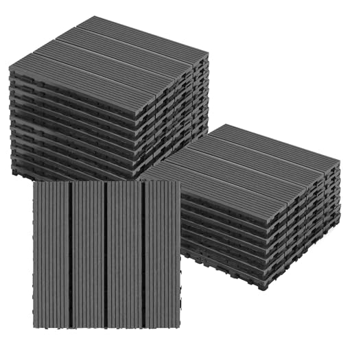 4 Slats Composite Decking Tiles Interlocking Outdoor Tiles All Weather, WPC Patio Floor Tiles Outdoor Wood Plastic Decking Boards Durable Interlocking Deck Tiles for Balcony, Grey, 18PCS