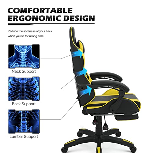 Monibloom Gaming Chair Office Chair Leather High Back Computer Chair With Headrest And Lumbar Support 360° Swivel Ergonomic Footrest Adjustable Gamer Chair For Adult Teen Home Office Using, Yellow #TOP3