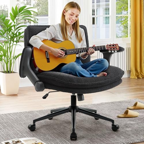 Image of Criss Cross Legged Office Chair with Wheels and Flip-Up Arms, Ergonomic Wide Seat Desk Chair with Thick Padded, Height Adjustable Criss Cross Chairs for Home Office, Bedroom,Apartment,Vanity,Black