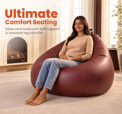 Image of Sattva Classic 2XL Bean Bag Chair with Beans Filled | Sofa Style Faux Leather Beanbags for Living Room | Pre-Filled Bin Bags Sofa & Beam Bag for Adults | Home & Office, Tan