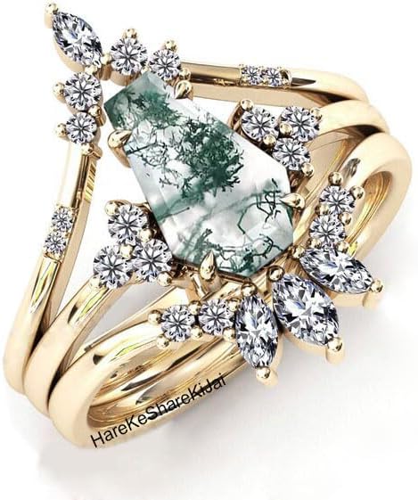 vintage moss agate engagement ring set women coffin shaped moss agate bridal ring set coffin ring set for women wedding anniversary ring set coffin sterling silver ring christmas gifts for women