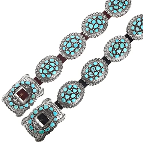 Navajo Genuine Sleeping Beauty Turquoise Concho Belt Hammered Silver Cluster Pattern on Genuine Leather 0007 - Image 3