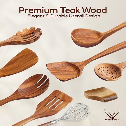 Premium Teak Wooden Utensils Set – 7 Long-Handled Cooking Spoons + Matching Teak Spoon Rest – Heat-Resistant Kitchen Tools for Mixing, Serving, and Stirring - Image 2