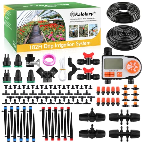 Kalolary 182 Ft Garden Drip Irrigation Kit, Automatic Drip Irrigation Watering System with Timer 1/2 Inch 1/4 Inch Pipe Auto Watering System Watering Drip Tubing Kits for Lawn Garden Greenhouse