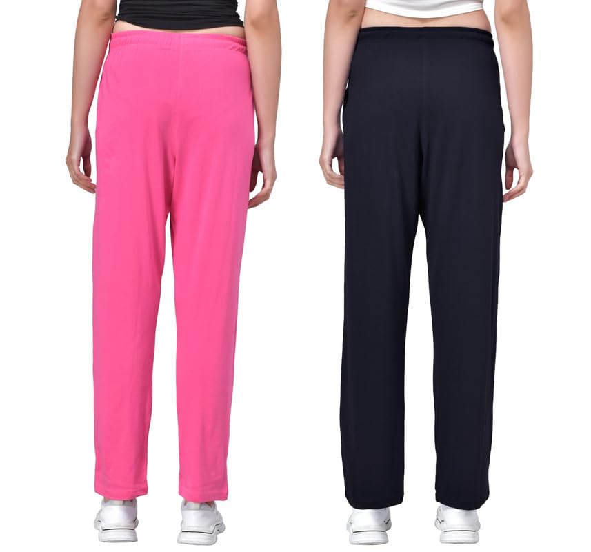 Image of Fflirtygo Women's Cotton Solid Pyjama /Track Pants, Navy Blue and Lavender (Pack of 2)