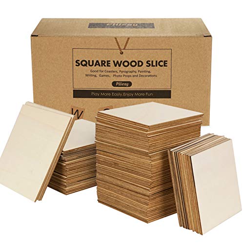 Pilleay 60 PCS 5Inch Wooden Squares Unfinished Wood Squares Blank Natural Wood Slices for Christmas Ornaments, DIY Crafts Painting, Pyrography