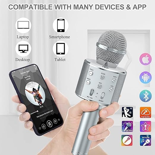 Image of VRJTEC Wireless Karaoke Microphone with Speaker Black | 2-in-1 Portable Bluetooth Mic, Audio Recording, Card Slot, Aux Port, USB Rechargeable for Singing Parties & Home Use